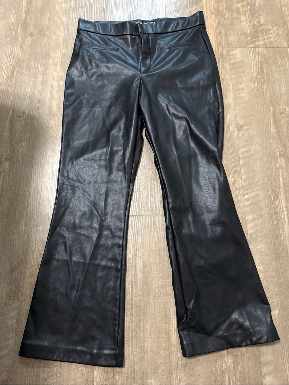 Zara Black Faux Leather Flared Wide-Leg Jeans